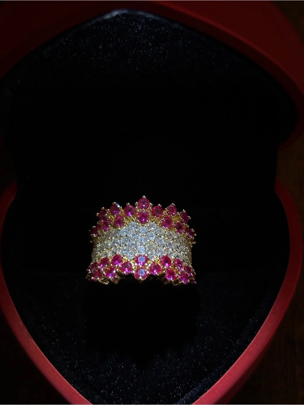 Gold Cocktail Ring with Pink Stones and Clear Accents